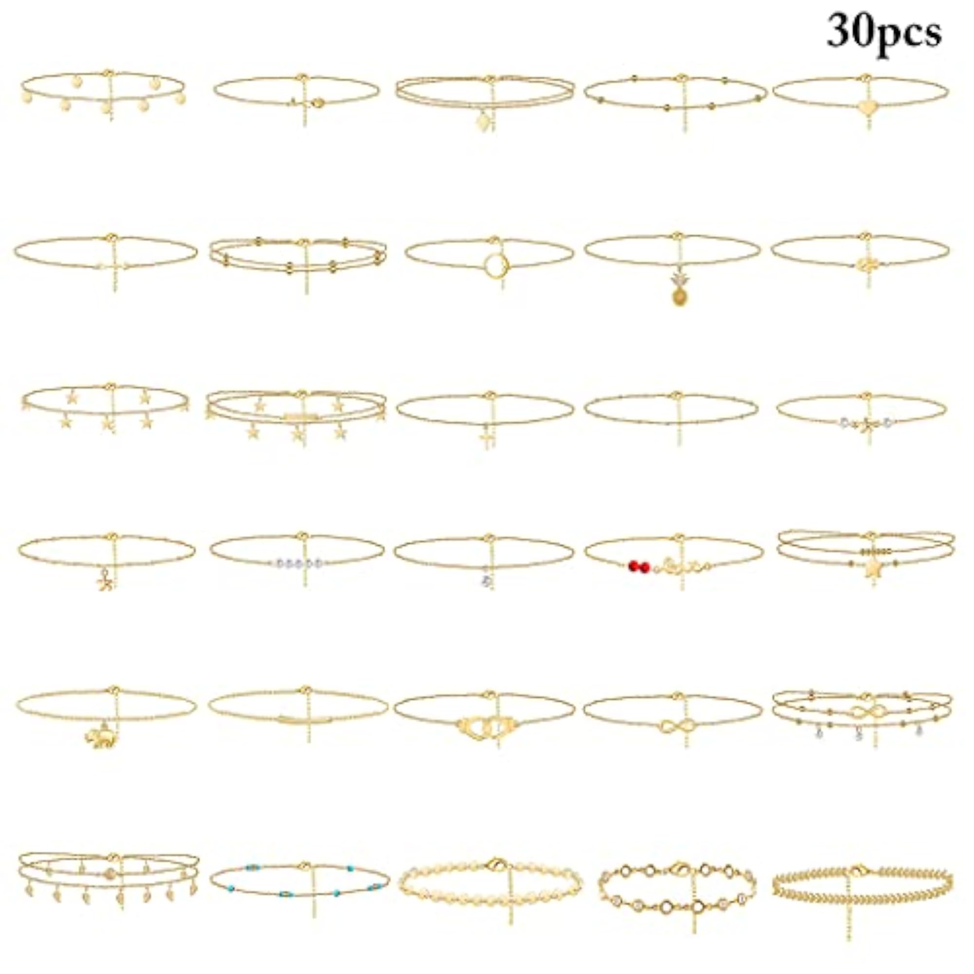 30pcs Adjustable Alloy Bead Ankle Bracelets Set